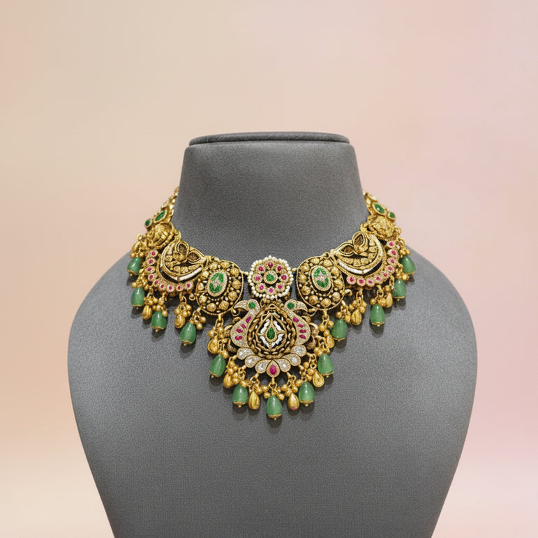 Antique Gold Nakshi Peacock Medallion & Emerald Bead Set
