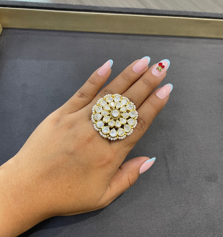 925 Silver Floral Polki Ring