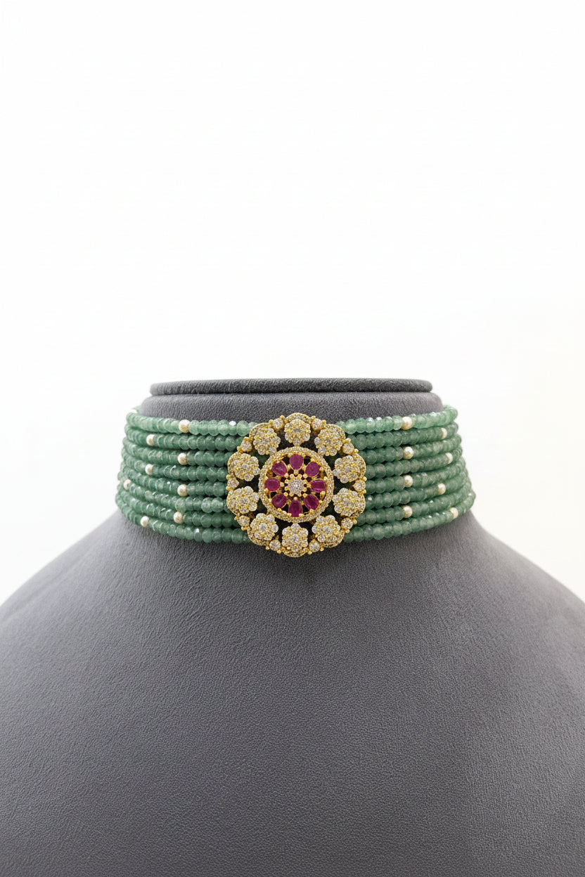 Royal Mandala Diamond & Green Bead Choker