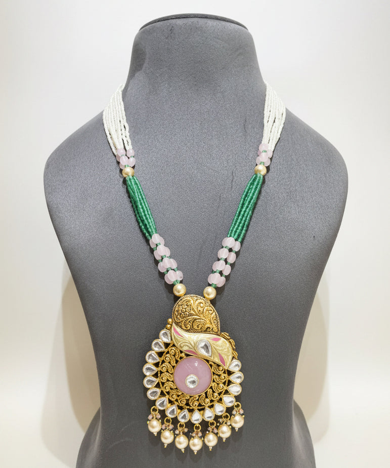 Pastel Pink Meenakari & Rose Quartz Cabochon Moissanite Polki Long Set