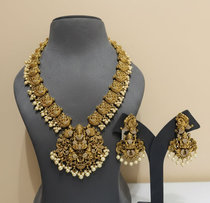 Antique Gold Sculpted Goddess Lakshmi & Peacock Long Bridal Set