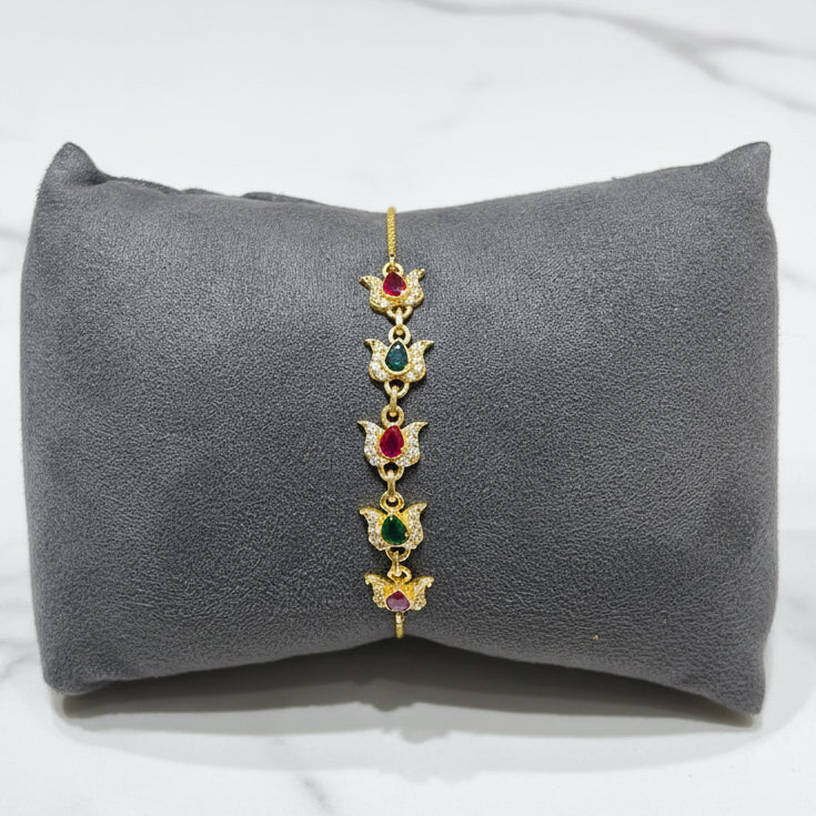 Heritage Lotus Motif Emerald & Ruby Gemstone Link Bracelet
