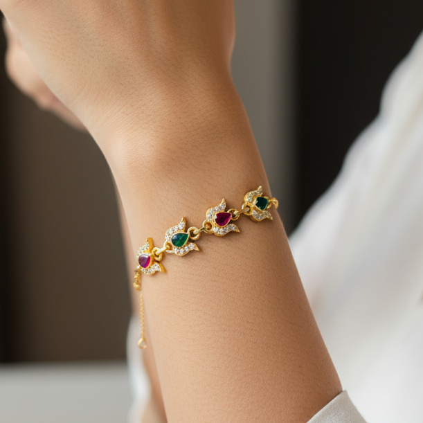 Heritage Lotus Motif Emerald & Ruby Gemstone Link Bracelet