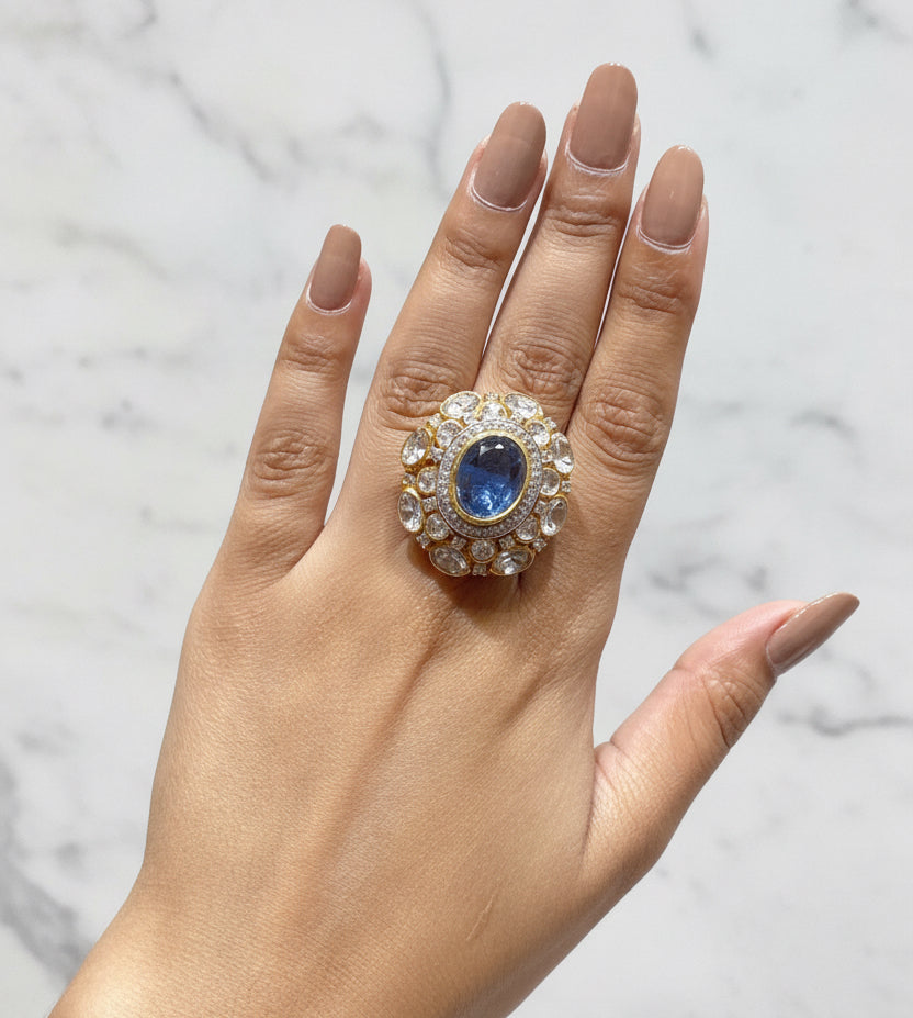 Oval Royal Blue Sapphire Cabochon & Moissanite Polki Statement Ring