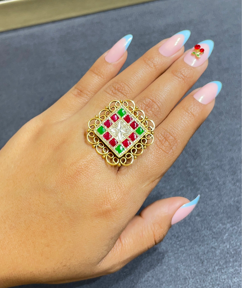 925 Silver Geometric Real Gold Look Ring