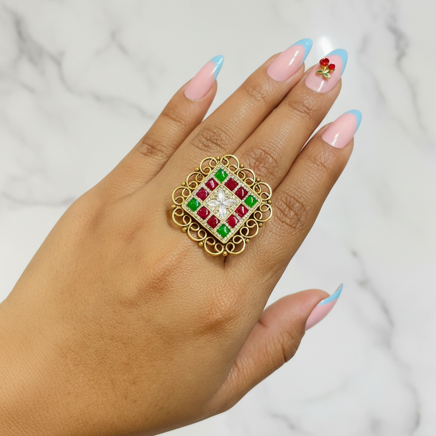Vintage Meenakari Filigree Statement Gold Look Ring