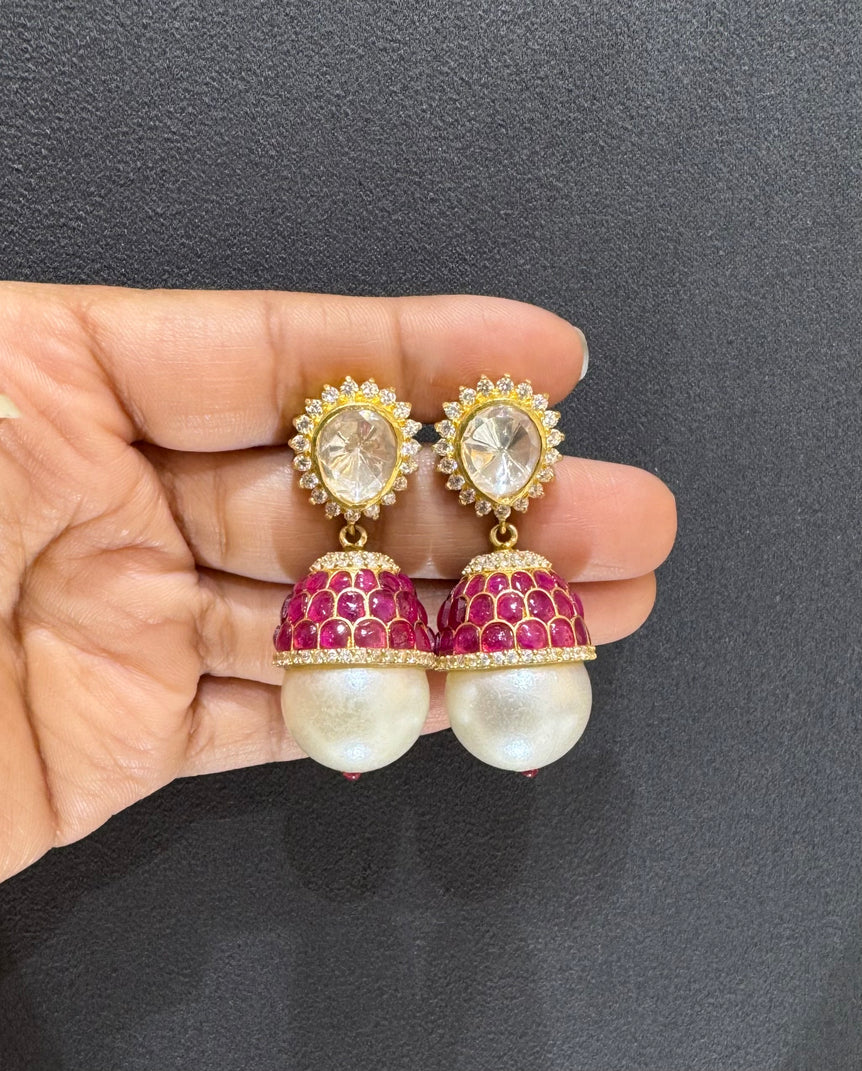 925 Silver Polki & Pearl Drop Earrings