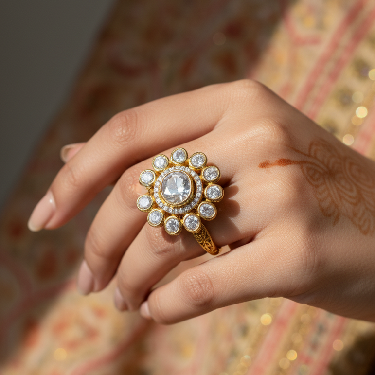 Royal Floral Halo Uncut Polki Cocktail Ring