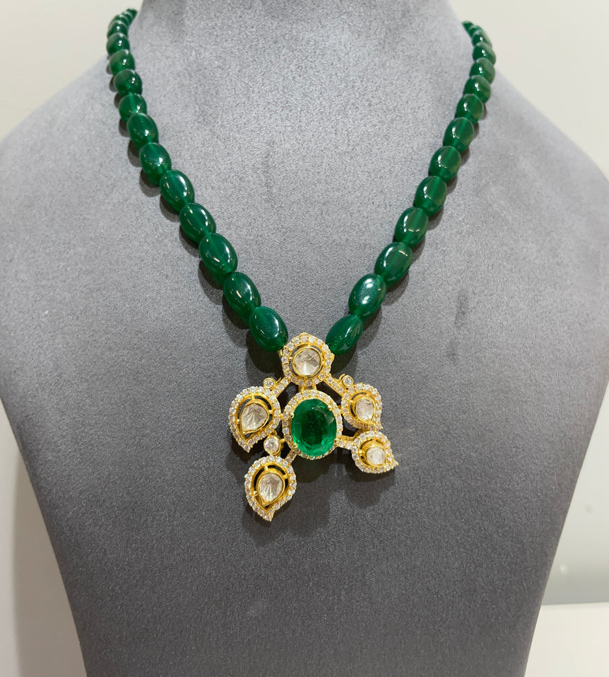 Royal Emerald Cabochon Moissanite Polki Pendant
