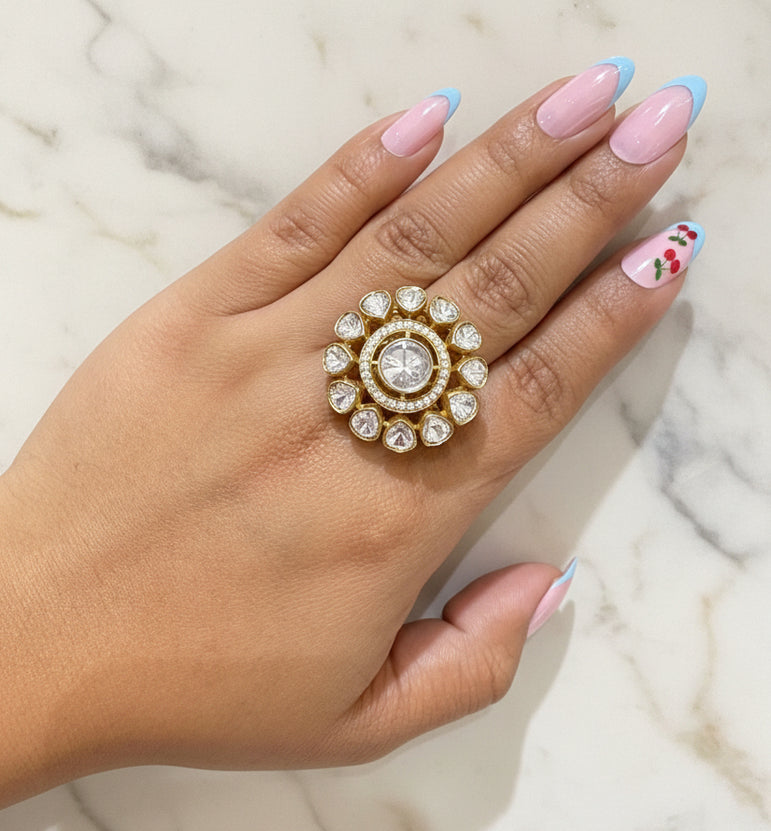 Round Floral Polki Ring