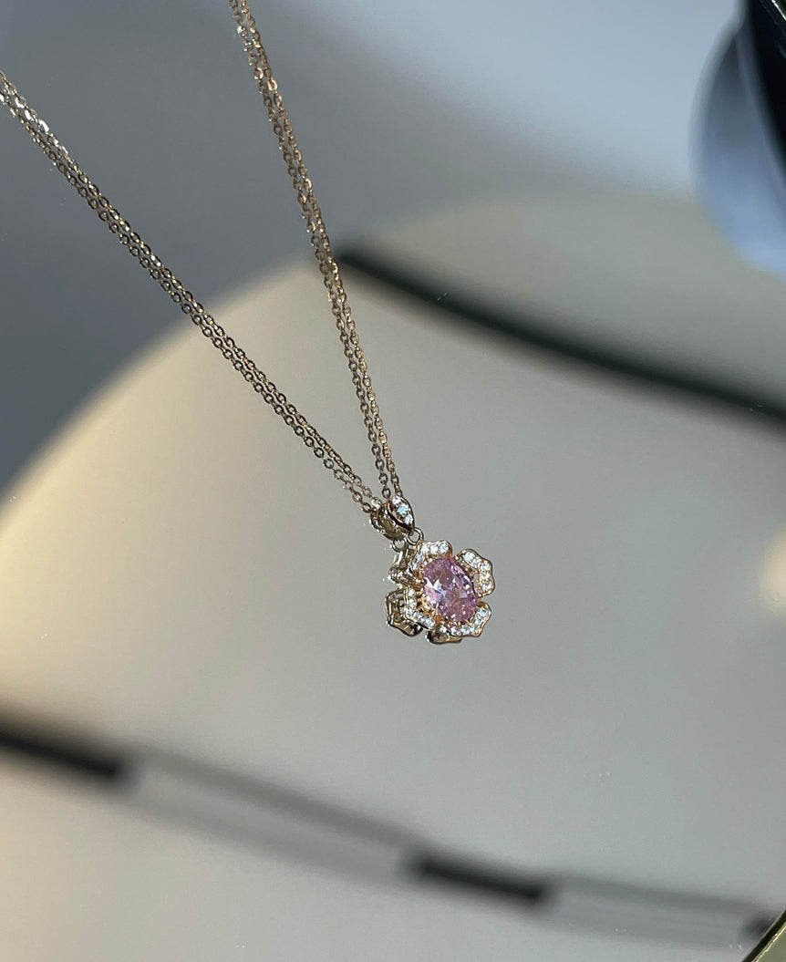 925 Silver Pink Stone Flower Pendant