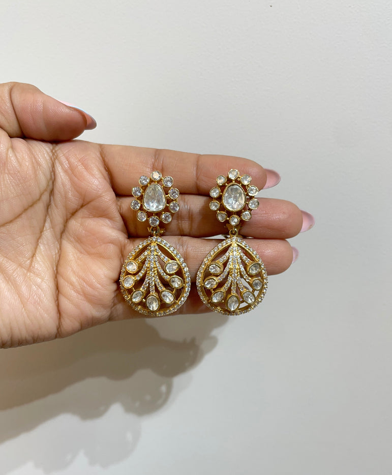 925 Silver Floral & Fern Polki Earrings