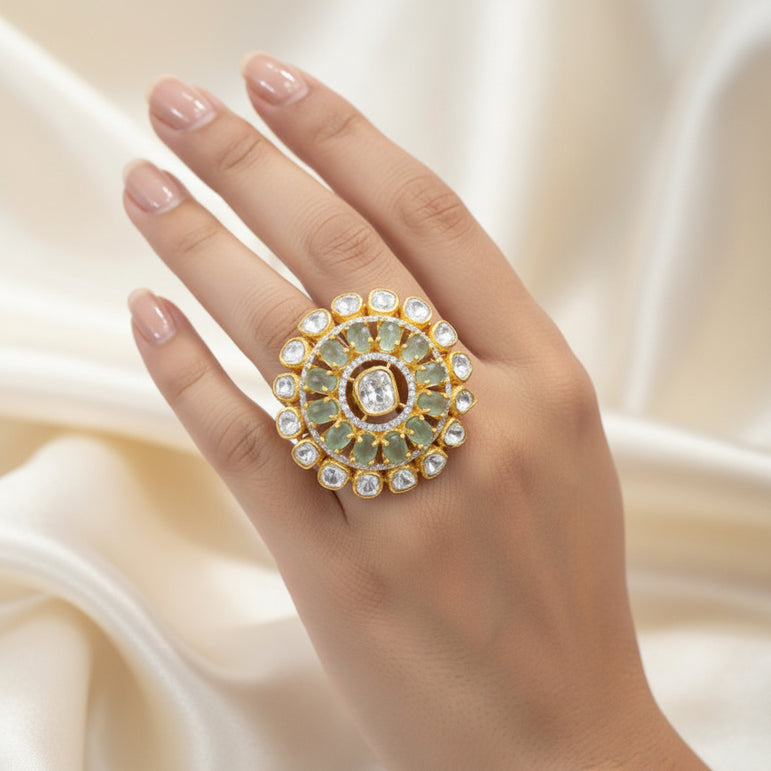 Green Halo Moissanite Polki Statement Ring