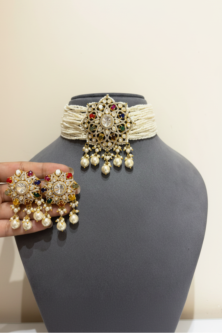 Navratna Moissanite Polki Multi-Strand Pearl Choker
