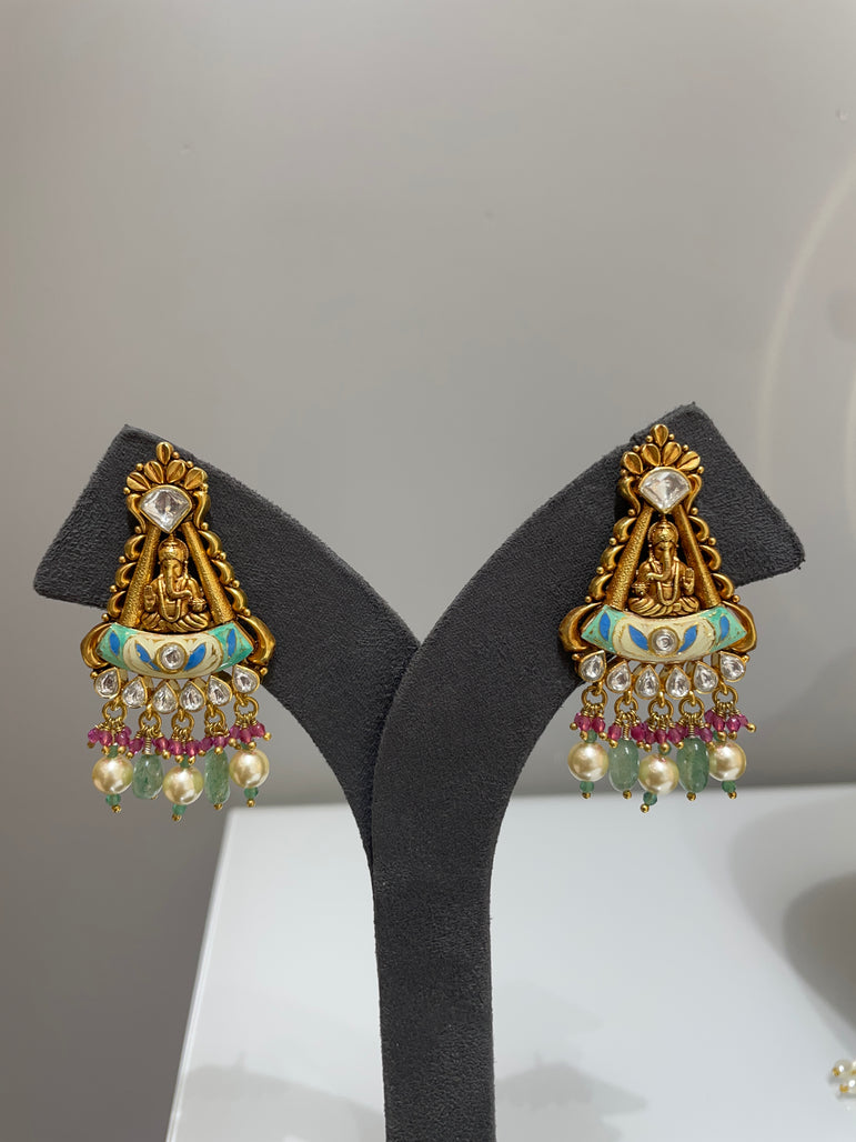 Lord Ganesha Nakshi & Enamel Moissanite Polki Long Set