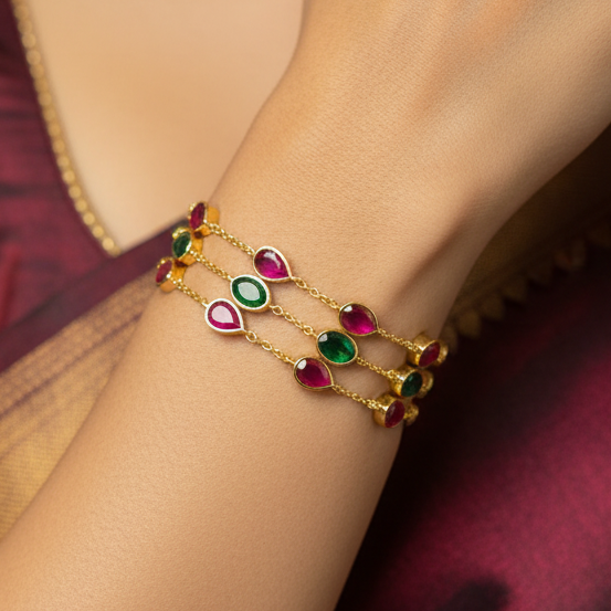 Multi-Strand Ruby & Emerald-Toned Teardrop Station Bracelet