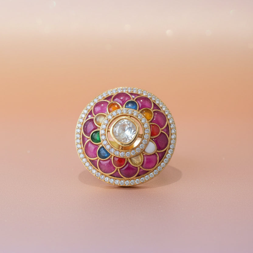 Grand Heritage Navratna Medallion Polki Statement Ring
