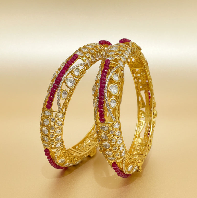 Real Gold Look Polki Bangle With Pink Beads