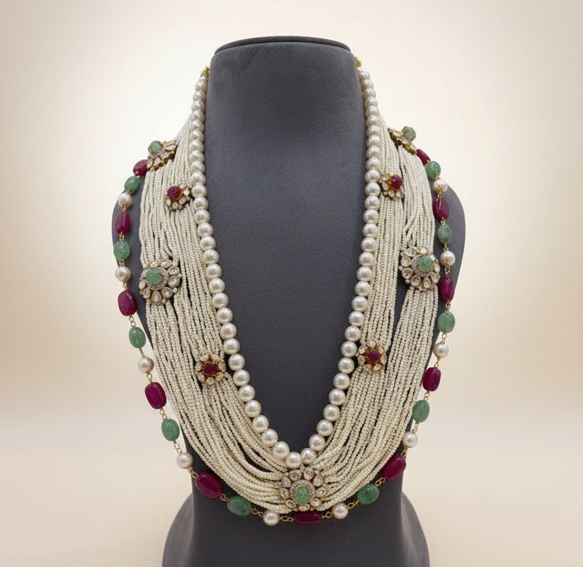 Royal Multi-Strand Seed Pearl & Gemstone Heritage Necklace Set