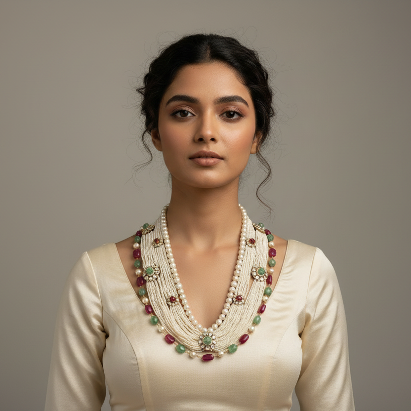 Royal Multi-Strand Seed Pearl & Gemstone Heritage Necklace Set