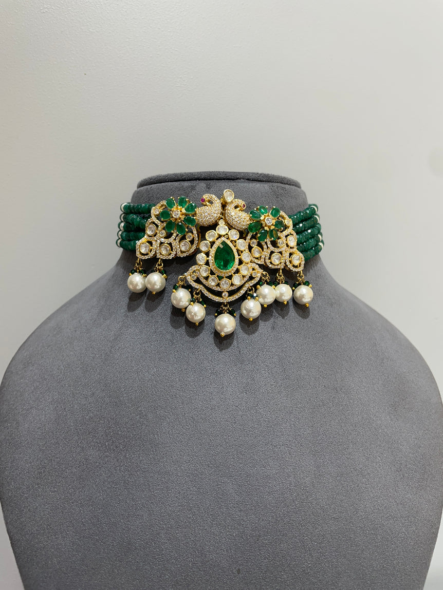 925 Silver Emerald Pearl Peacock Polki Choker