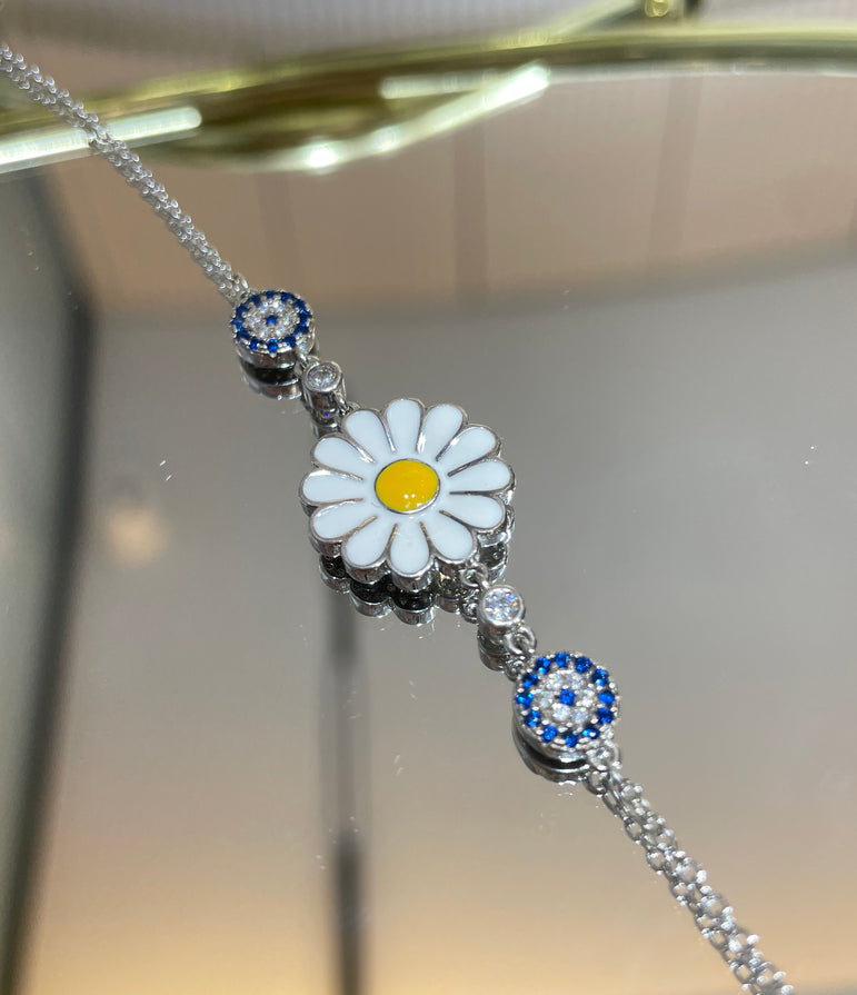 SUNFLOWER AND EVIL EYE PURE SILVER BRACELET