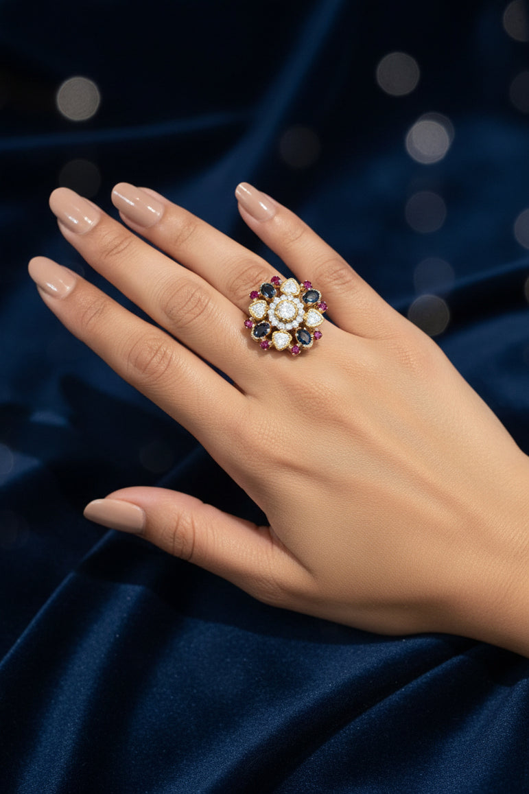 Multi-Gemstone Medallion Moissanite Polki Statement Ring