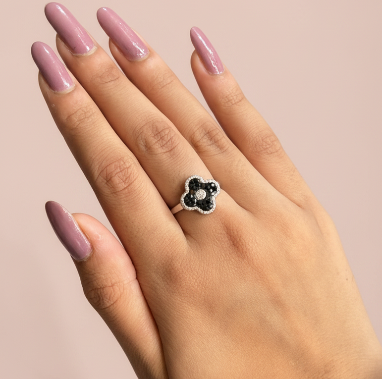 Onyx Grace Rhodium Plated Silver Clover Ring