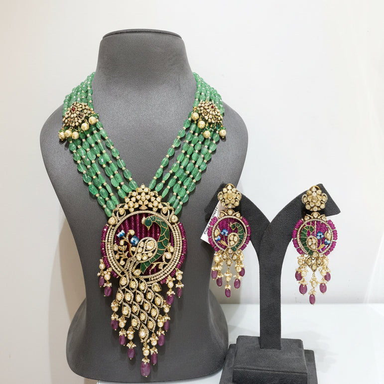 Traditional Moissanite Polki Peacock & Mint Green Bead Long Haar Set