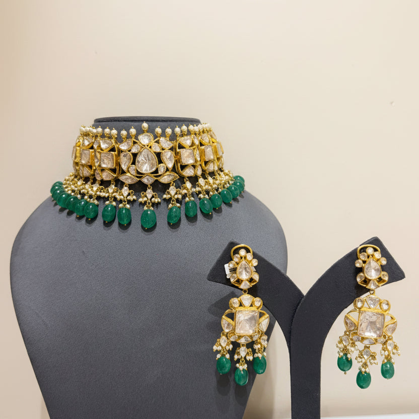 Royal Moissanite Polki Openwork Choker Emerald Bead Drops Bridal Set