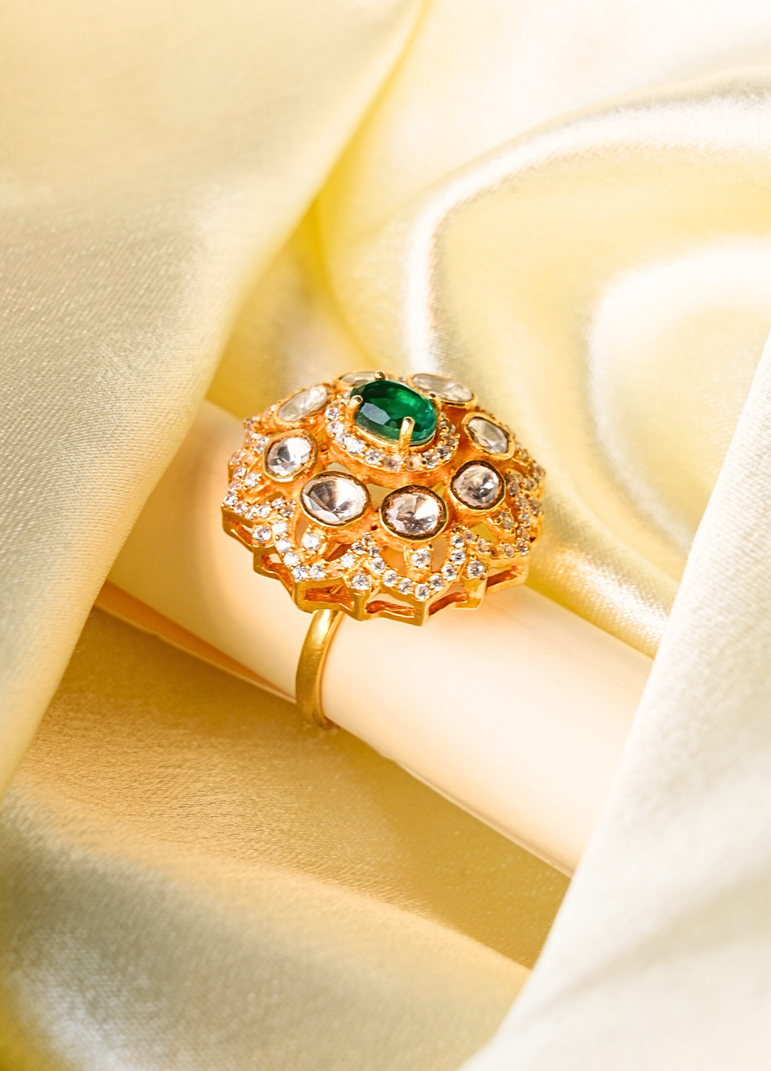 925 Silver Green Stone Polki Ring