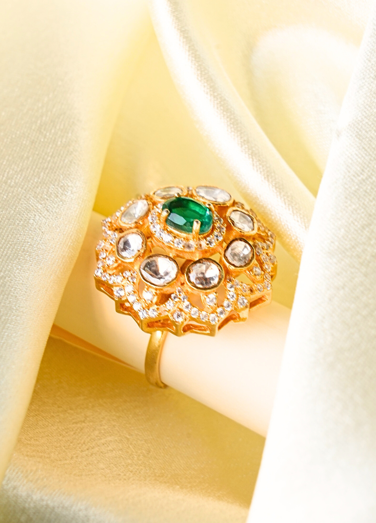 925 Silver Green Stone Polki Ring
