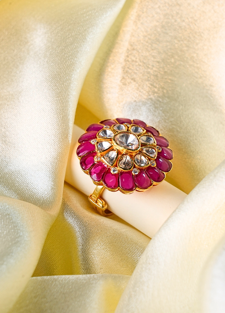 925 Silver Pink Flower Polki Ring