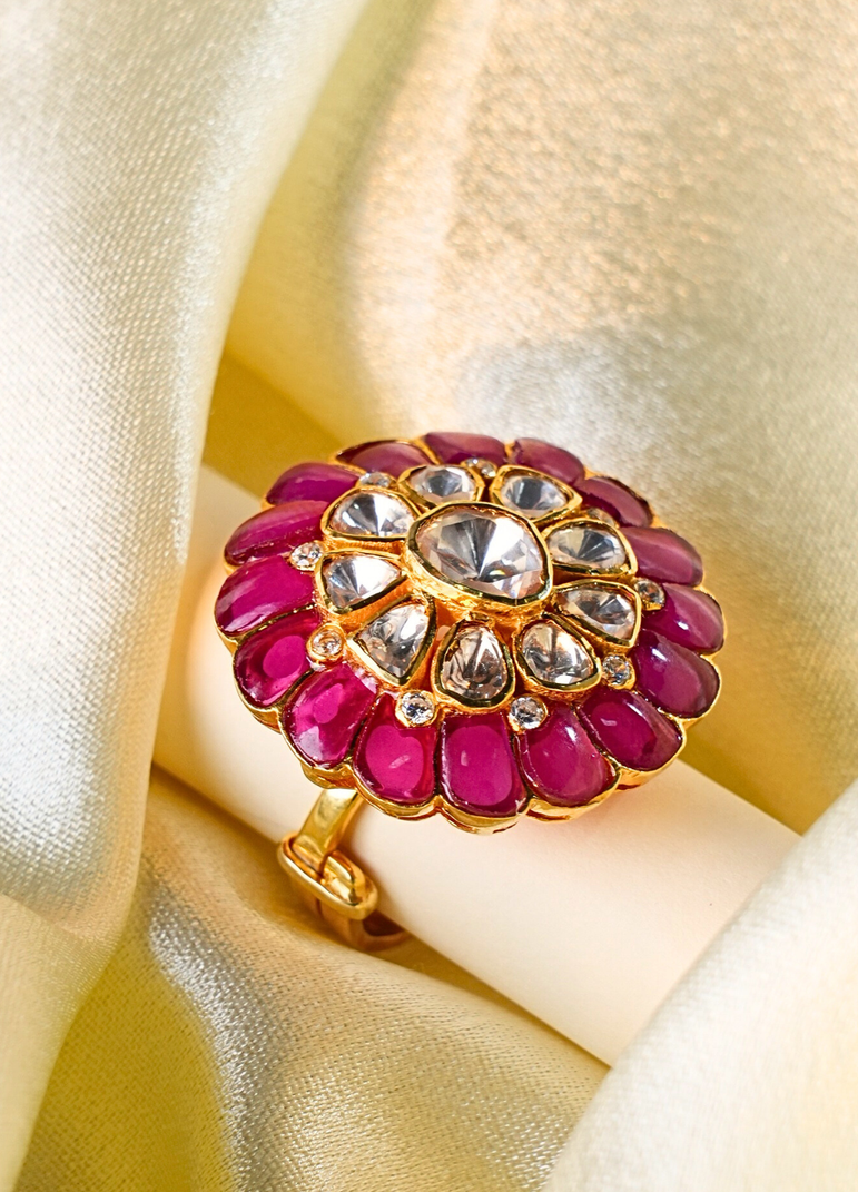 925 Silver Pink Flower Polki Ring
