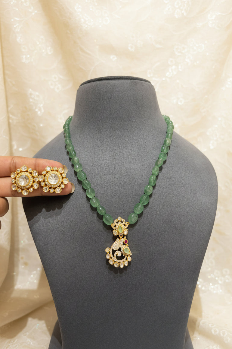 Heritage Mint Emerald Peacock Moissanite Polki Pendant Set