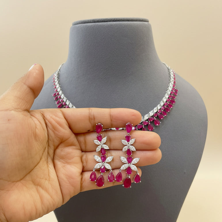 Ruby & Silver Floral Droplet Diamond Set