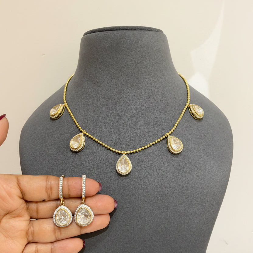 Minimalist Pear-Drop Moissanite Polki Necklace Set