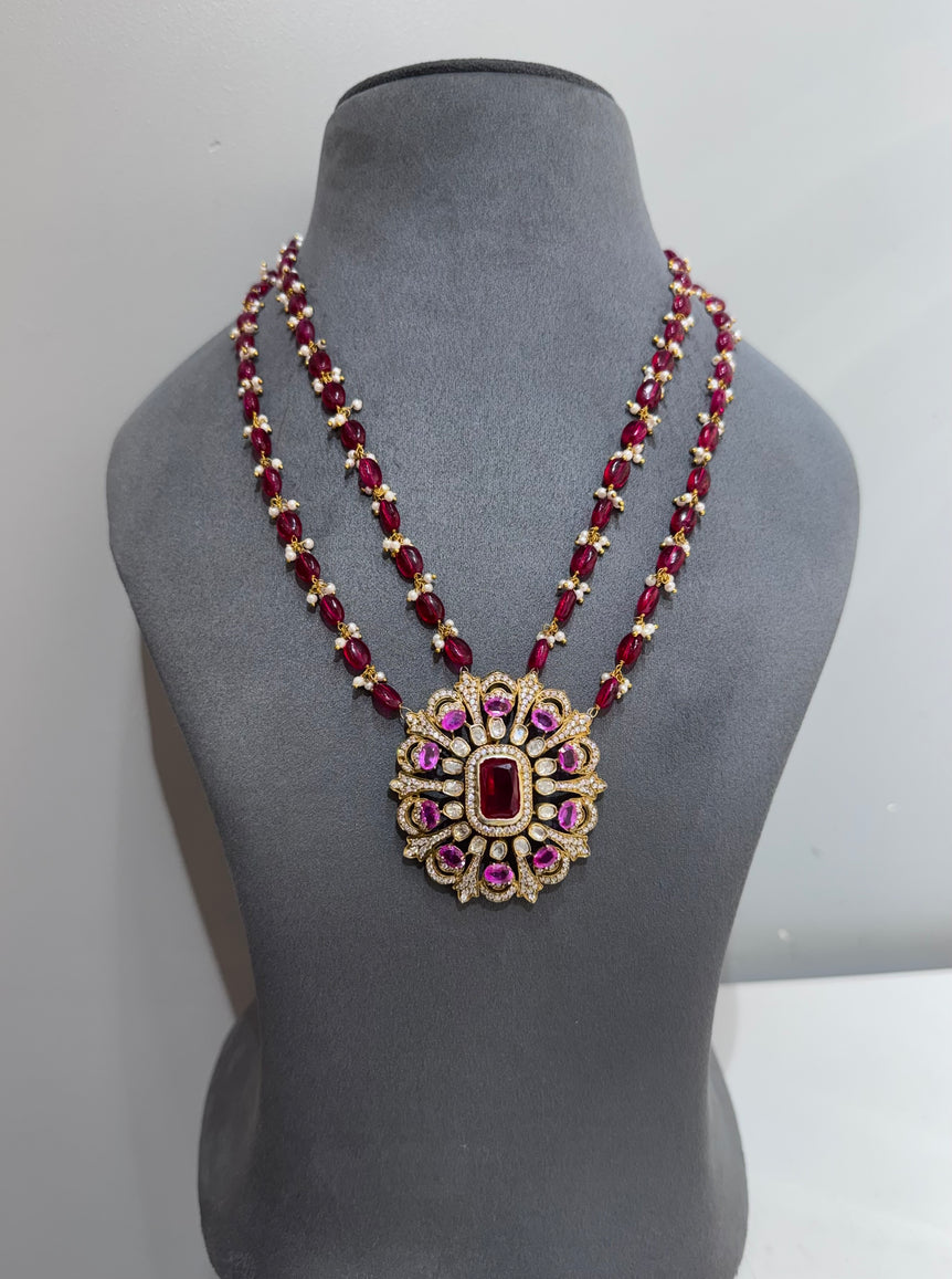 925 Silver Traditional Pink Stone & Polki Pendant