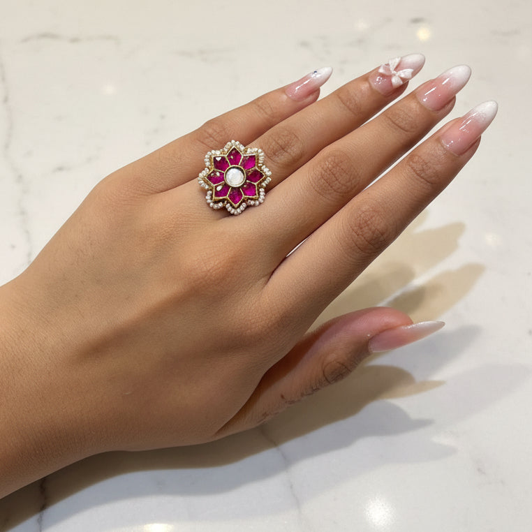 Ruby Pearl Floral Gold Look Ring