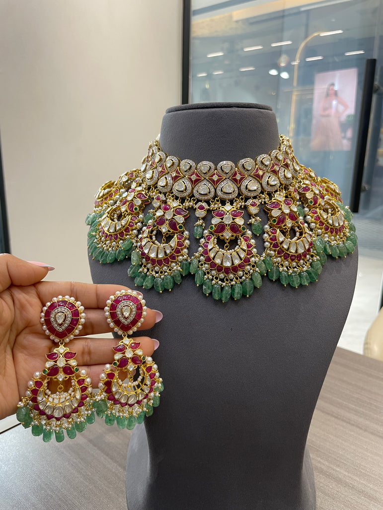 925 Silver Adhirani Ruby Pallav Heavy Bridal Necklace Set