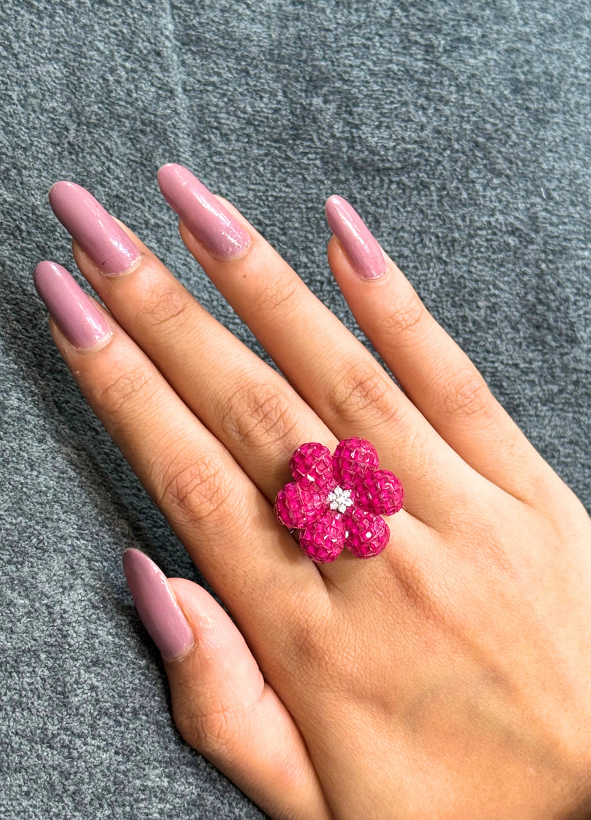 925 PURE SILVER BEAUTIFUL PINK FLOWER RING