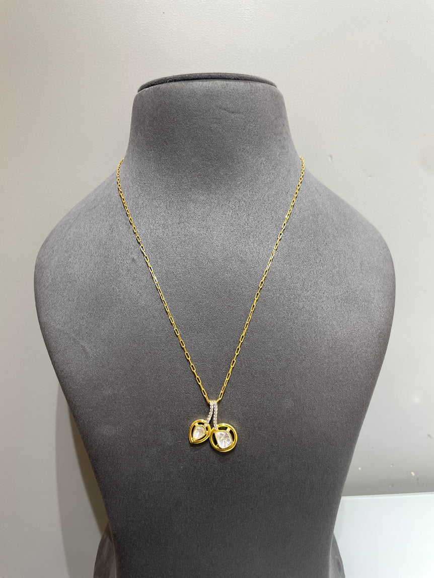 Dual Pear-Cut Moissanite Polki Cherry Charm Chain Pendant Set