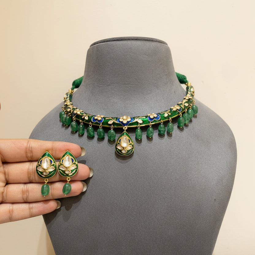 Green Meenakari Hasli Choker with Moissanite Polki Set