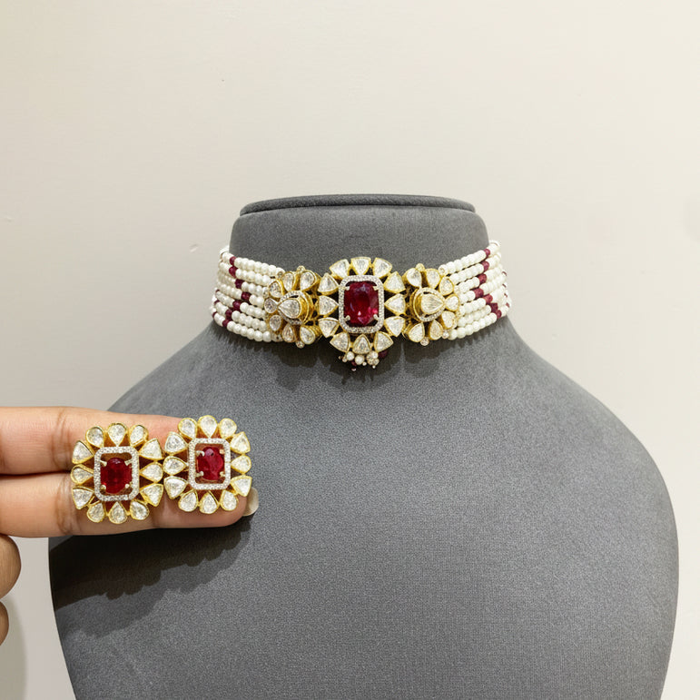 Multi-Strand Pearl & Ruby-Red Cushion Moissanite Polki Choker