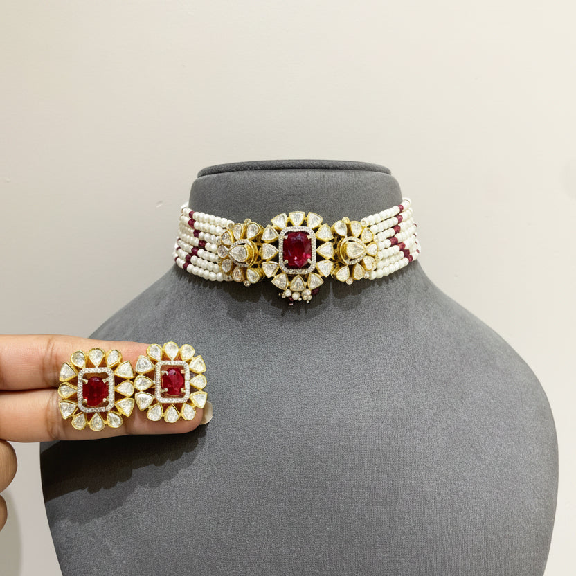 Multi-Strand Pearl & Ruby-Red Cushion Moissanite Polki Choker