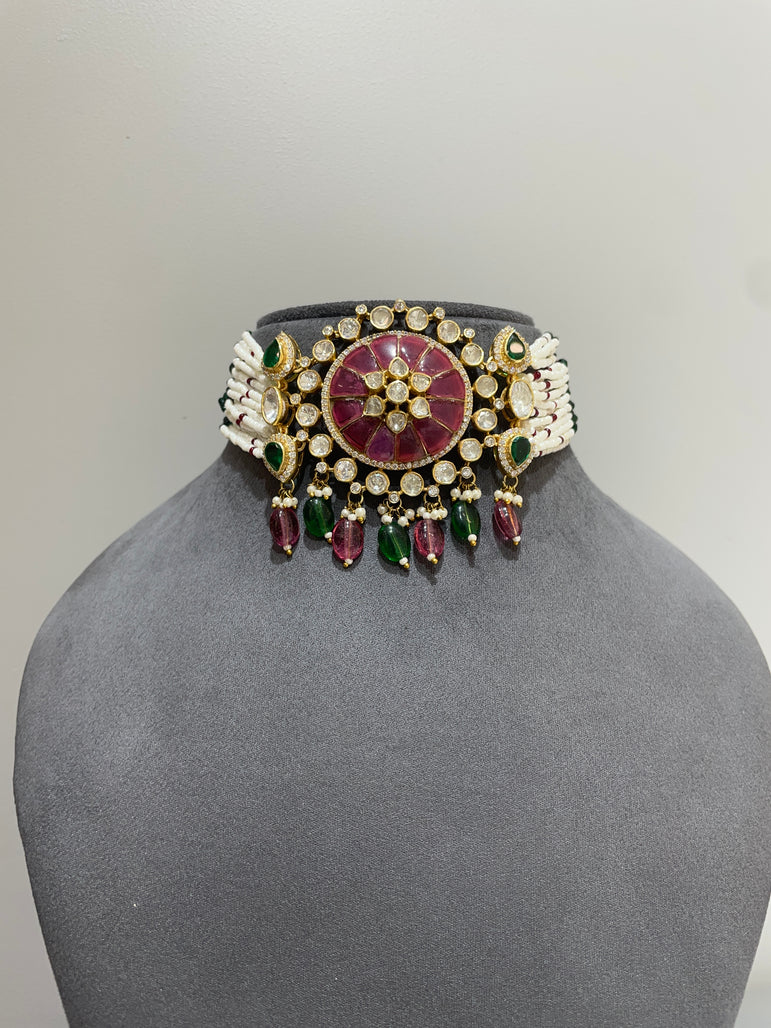 925 Silver Ruby & Polki Choker Set