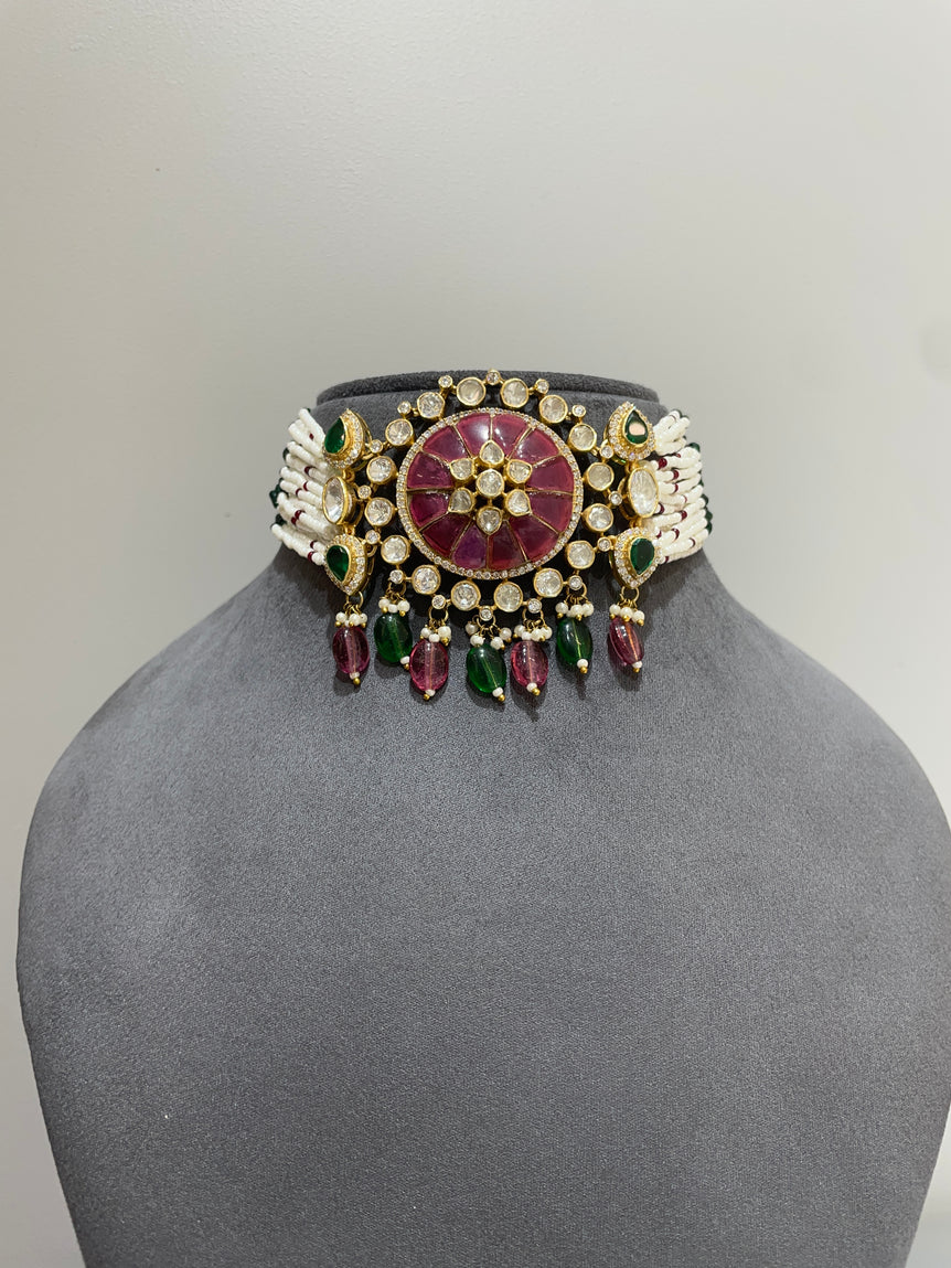 925 Silver Ruby & Polki Choker Set