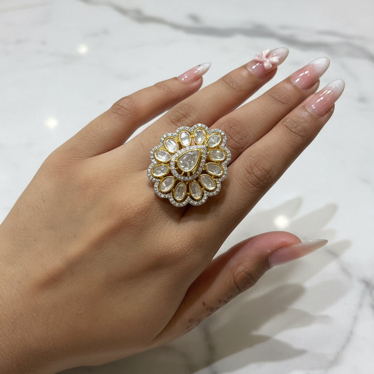 Traditional Moissanite Polki Oval Cocktail Ring