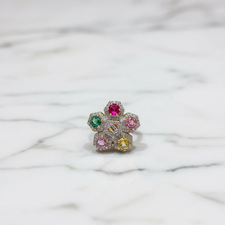 Rainbow Bloom Statement Moissanite Diamond Cocktail Ring