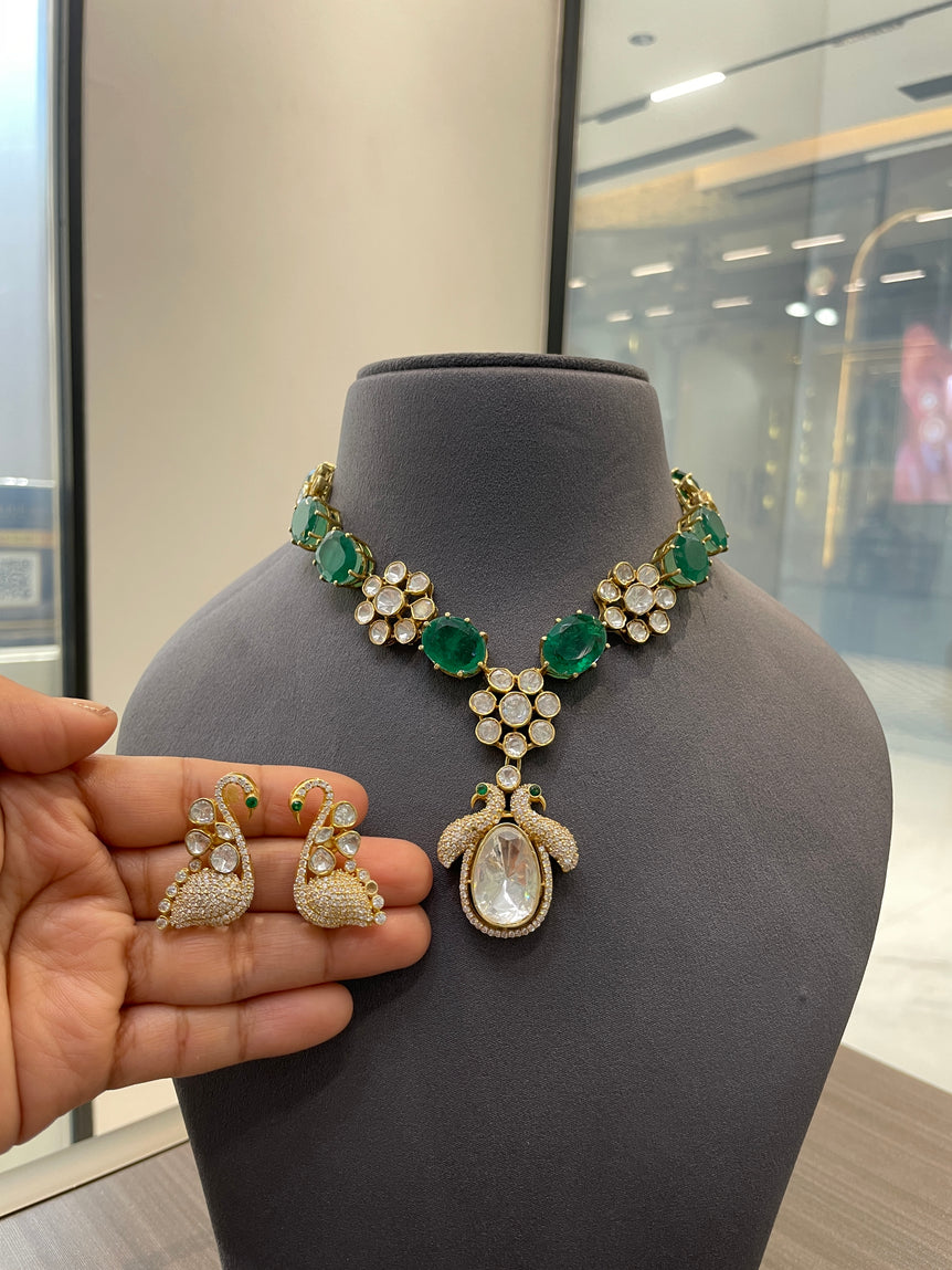 925 Silver Peacock Enchanté Polki Necklace Set